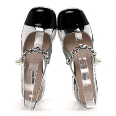 Metallic Patent Chain Pearl Slingback Pumps 36.5 Silver Black