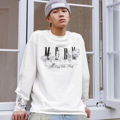 MEDM Ice Rose Embroidered Nail Bead Printed LOGO Casual Long Sleeve T-shirt Trendy Round Neck Loose Bottom Shirt Autumn