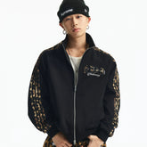 MEDM leopard print ribbon splicing sports and leisure jacket with embroidered logo for men and women, loose stand up collar jacket for spring