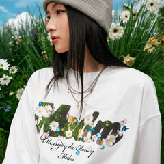 MEDM flower bed daisy butterfly print casual round neck long sleeved T-shirt trendy loose couple base shirt top autumn