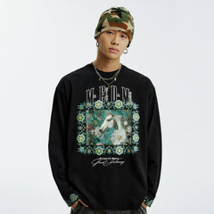 MEDM color floral print patch casual round neck long sleeved T-shirt 26 new trendy loose couple top for spring