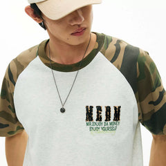 MEDM 冚 Car line raglan sleeves leopard print leather casual short sleeves American retro contrasting shoulder loose men's and women's T-shirts