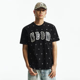 MEDM Sparkling Pink Little Star Full Print Double layer Leather Patch Embroidered Casual Round Neck Short Sleeve Washed Outdated Broken Hole T-shirt