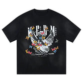 MEDM Angel Butterfly Wash Short Sleeve Casual Round Neck T-shirt for Men and Women Summer American Hip Hop Trendy Brand T-shirt Tee