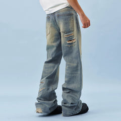 MEDM bamboo striped denim with heavily worn leather, patchwork horsehair, micro flared jeans, washed and worn casual pants for men