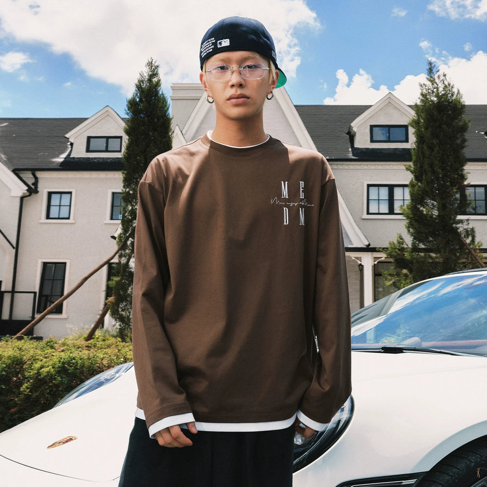 MEDM Simple and Versatile Fake Two Piece Round Neck Casual Long Sleeve T-shirt Embroidered Logo Loose and Slim Couple Top Autumn