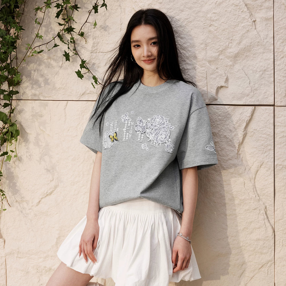 Hou Minghao's same MEDM lace short sleeved T-shirt with American hip-hop style, pure cotton TEE, unisex loose top