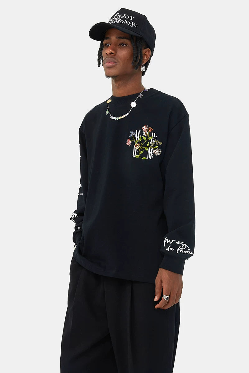 MEDM China-Chic Autumn Flower Embroidery Clothing Couple Pullover Round Neck Long Sleeve T-shirt Men and Women Fashion Brand Loose