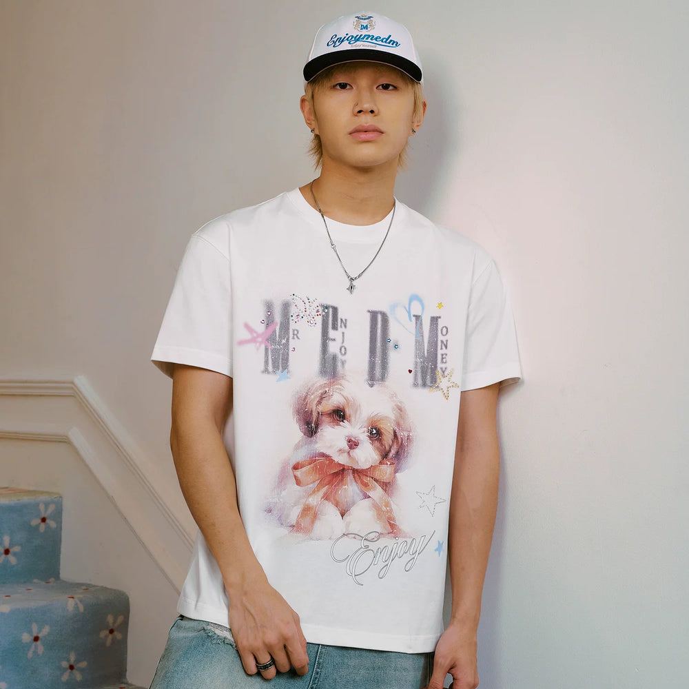 MEDM color rhinestone washed puppy print casual round neck short sleeved American retro heavy-duty loose T-shirt
