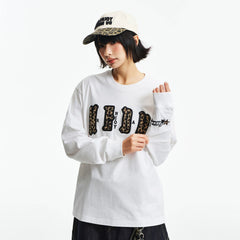 MEDM double-layer leather leopard print patch embroidered casual round neck long sleeved T-shirt trendy and versatile couple loose top