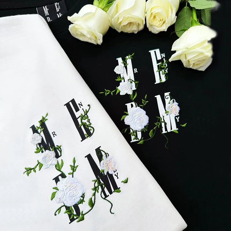 MEDM 3D Embroidered Camellia Short sleeved T-shirt Men's Summer Loose Couple Top Round Neck Half Sleeve Trendy Casual