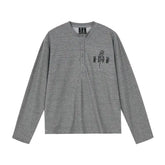 MEDM Rose Embroidered Striped Henley Long Sleeve Tee