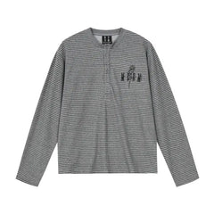 MEDM Rose Embroidered Striped Henley Long Sleeve Tee