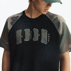 MEDM Waffle Camouflage Patch Logo Shoulder Insertion Casual Round Neck Short Sleeve Retro Vintage Vintage Loose Men's and Women's T-shirt Summer