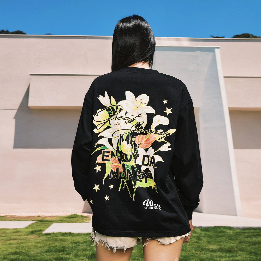 MEDM New Product Hand drawn Bouquet Printed Round Neck Casual Long Sleeve T-shirt Trendy Brand Pure Cotton Loose Couple Top Spring and Autumn