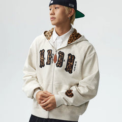 MEDM leopard print hat with leather lining, casual zipper hoodie, American couple casual cardigan, hooded and fleece hoodie, autumn