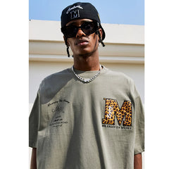 MEDM trendy leopard print snake print patchwork embroidery American hip-hop short sleeved T-shirt for men's summer loose half sleeved base shirt