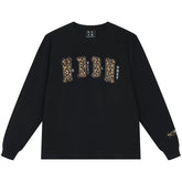 MEDM double-layer leather leopard print patch embroidered casual round neck long sleeved T-shirt trendy and versatile couple loose top
