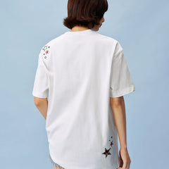 MEDM shoulder over star leopard print horsehair double-layer leather casual round neck short sleeved logo sticker versatile loose couple T-shirt