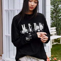 MEDM Ice Rose Embroidered Nail Bead Printed LOGO Casual Long Sleeve T-shirt Trendy Round Neck Loose Bottom Shirt Autumn