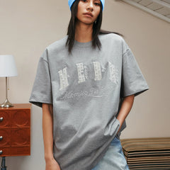 Luzhuo Same Style MEDM Small Fragrance Patch Cloth Pearl Letter Short Sleeve T-shirt Men's and Women's American Loose Couple Top T