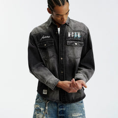 MEDM classic basic letter embroidery casual lapel washed denim jacket trendy retro handsome jacket for men