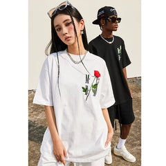 Hou Minghao's Rose 3D Embroidered Short Sleeve T-shirt MEDM American Street Loose Edition Cotton Short Sleeve