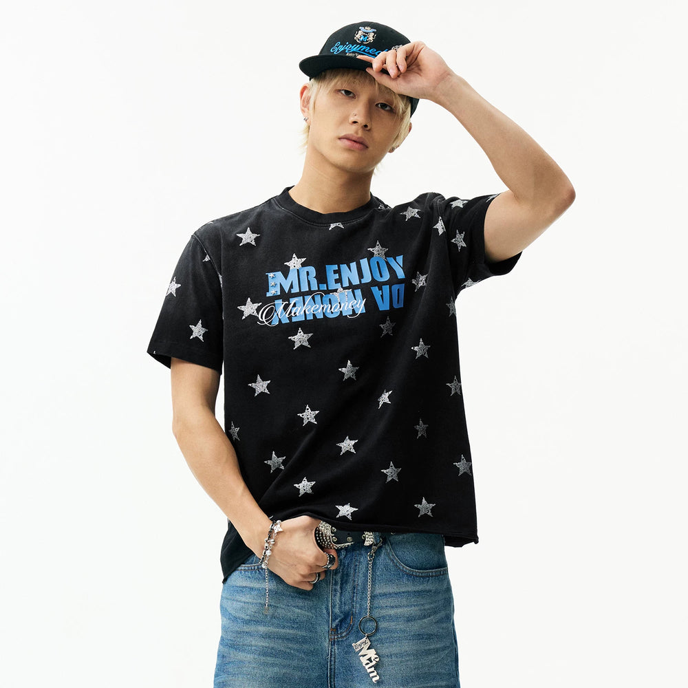 MEDM contrasting logo printed with stars, washed and worn, casual round neck T-shirt, American retro loose short sleeved for men and women