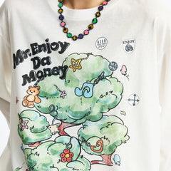 MEDM Fun Card Stickers Printed Stickers Casual Round Neck Long Sleeve T-shirt Spring/Summer Cute Style Loose Top for Men and Women