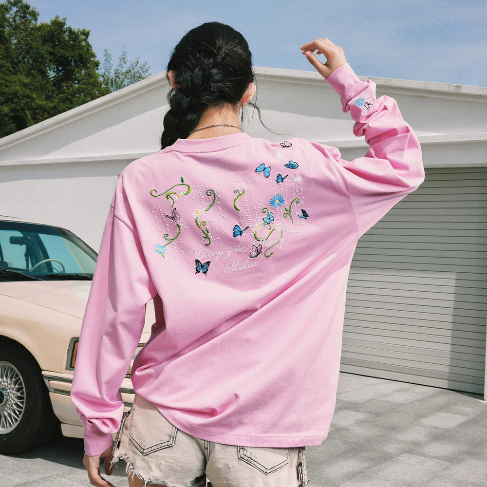 MEDM2025 new product butterfly vine round neck casual long sleeved T-shirt commuting simple couple base shirt top autumn