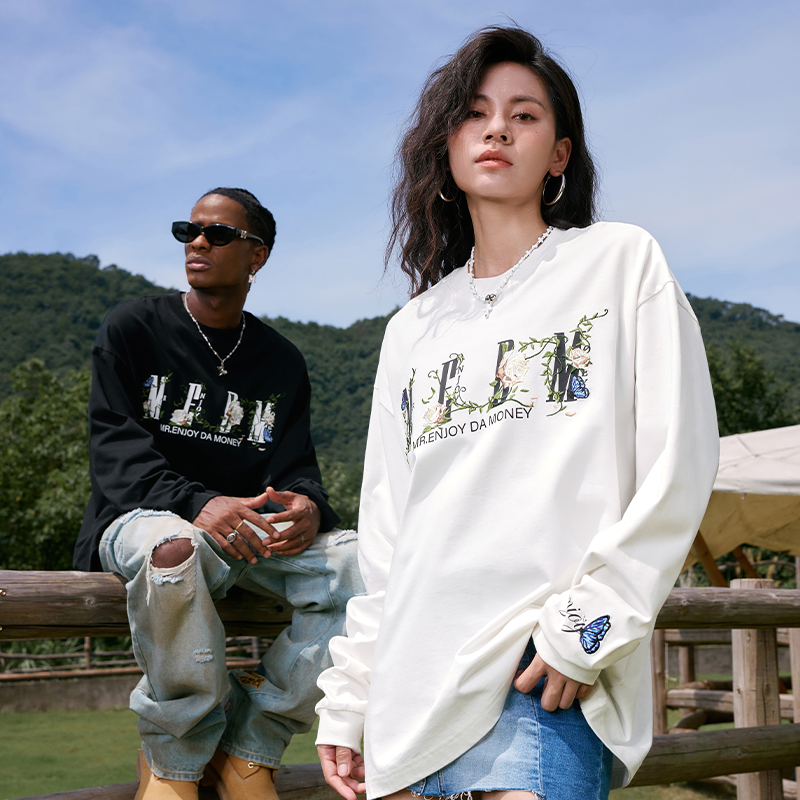 MEDM26SS Vine Origami Camellia Long Sleeve T-shirt for Men and Women Spring and Autumn Base Shirt, T-shirt, Loose Top Clothes
