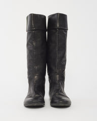 Gucci Black Leather Foldover Web Knee-High Boots -37