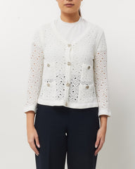 Chanel White Perforated Crochet Knit CC Logo Button Cardigan Sweater - 40