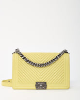 Chanel Lime Green Chevron Quilted Lambskin Leather Large Boy Bag with Ruthenium Hardware