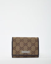 Gucci Dark Brown Leather and Beige and Brown GG Monogram Canvas Card Case Wallet