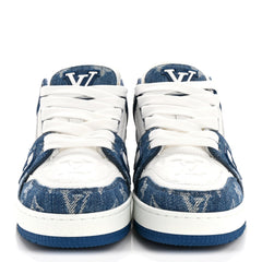 Calfskin Embossed Monogram Denim Womens LV Trainer Sneakers 35.5 Blue
