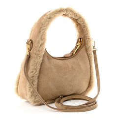 Suede Shearling Mini Wander Hobo Sabbia
