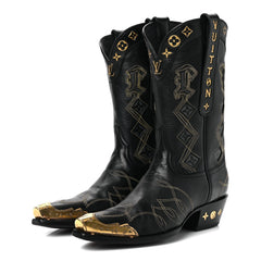 Calfskin LV Texan Mens Rider Boots 7.5 Black Gold
