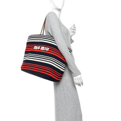 Fabric Crochet Striped Tote Bag Blue Red White