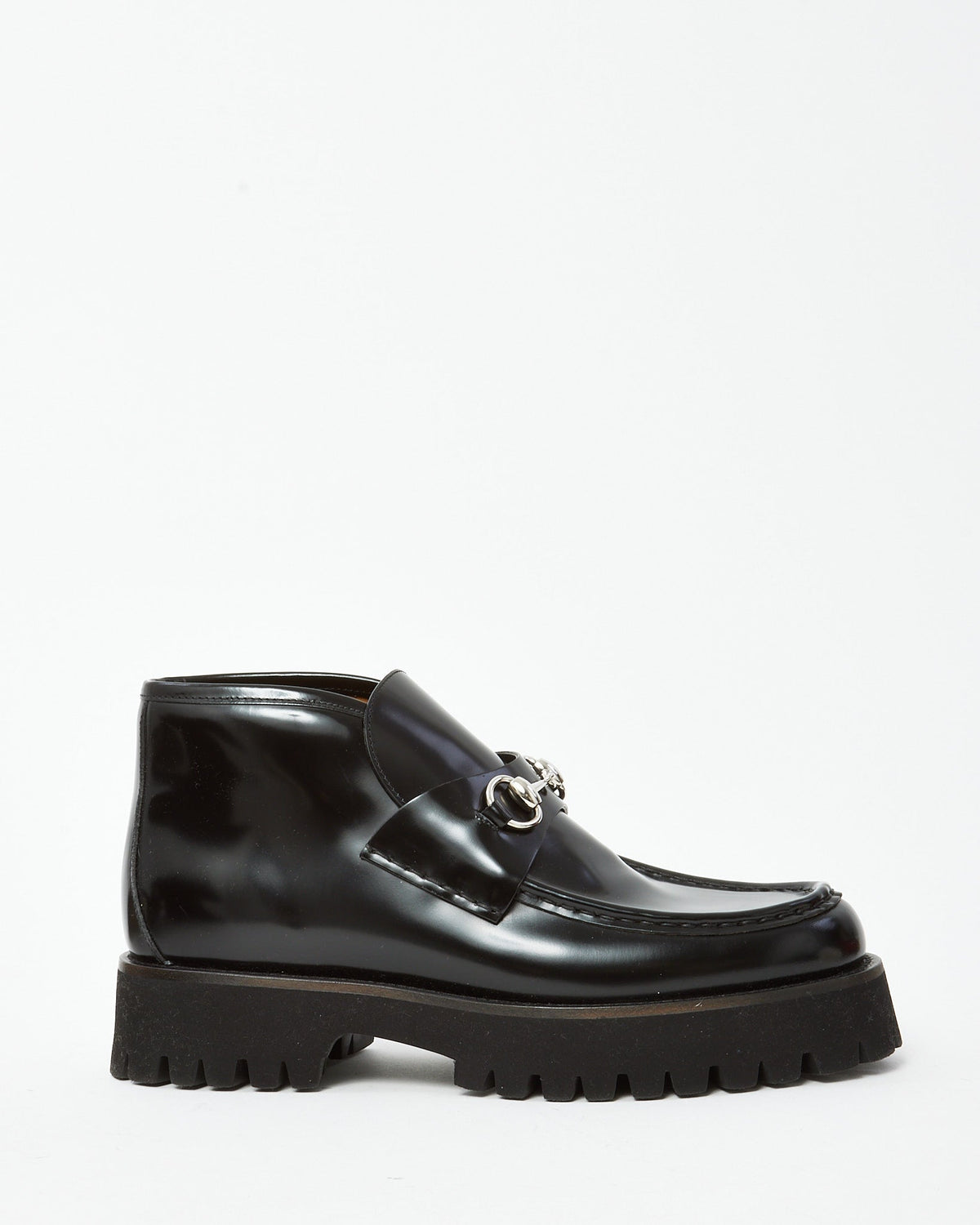 Gucci Black Leather SHW Horsebit Lug Sole Ankle Booties - 41.5