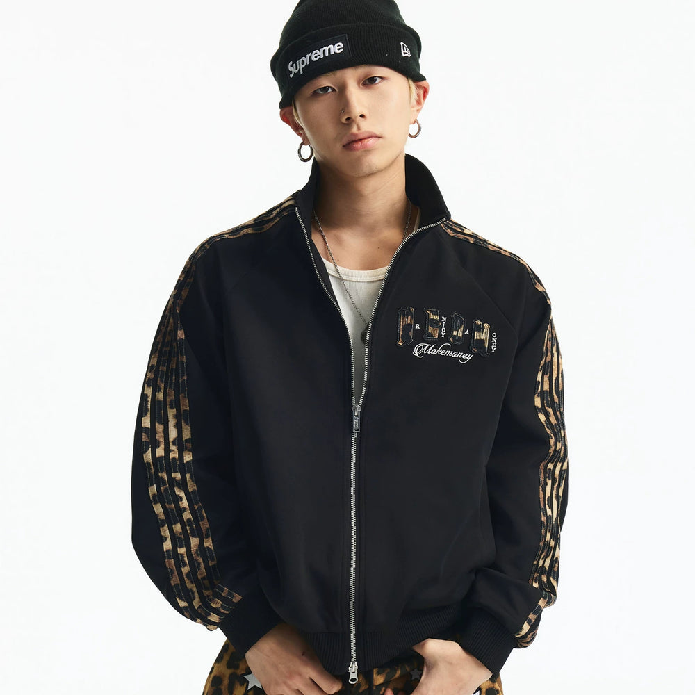 MEDM leopard print ribbon splicing sports and leisure jacket with embroidered logo for men and women, loose stand up collar jacket for spring