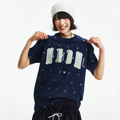 MEDM Sparkling Pink Little Star Full Print Double layer Leather Patch Embroidered Casual Round Neck Short Sleeve Washed Outdated Broken Hole T-shirt