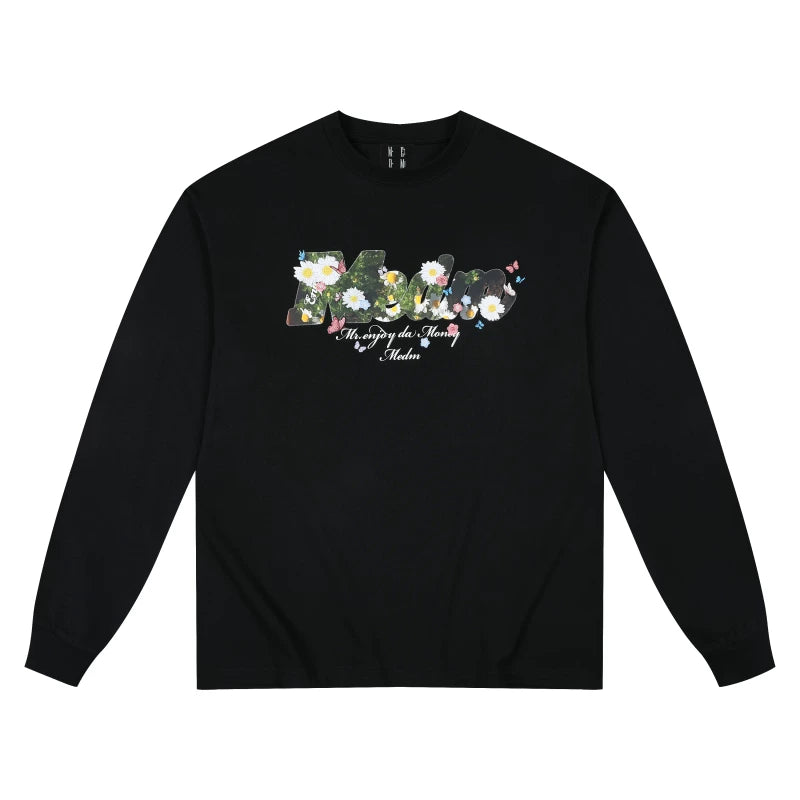 MEDM flower bed daisy butterfly print casual round neck long sleeved T-shirt trendy loose couple base shirt top autumn