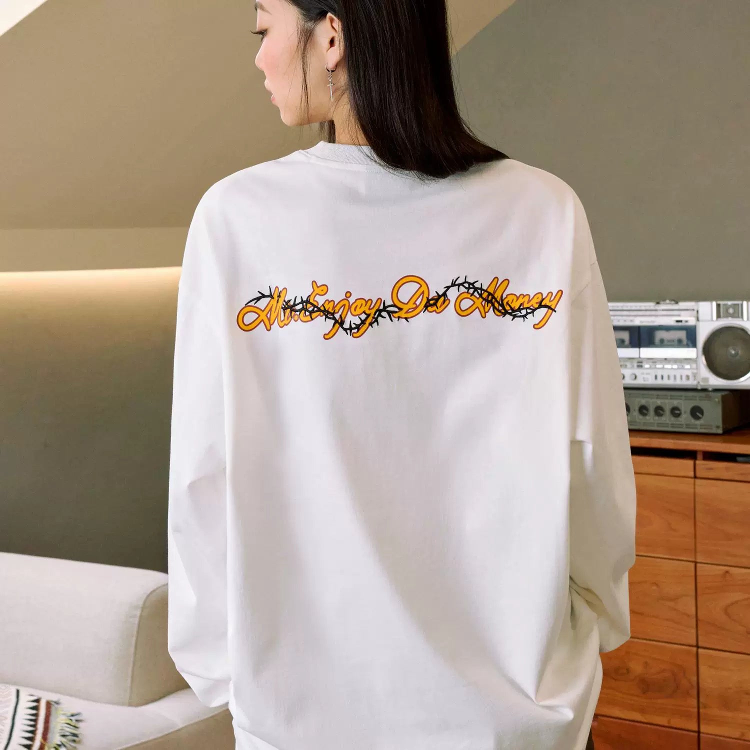 MEDM Flower Thorn Round Text Layout Long Sleeve T-shirt Spring and Autumn Men's Trendy Brand American Casual T-shirt Top