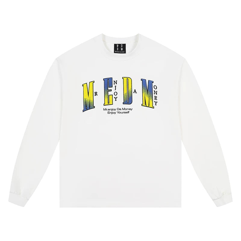 MEDM toothbrush embroidered seal long sleeved T-shirt for men's autumn loose top for women's American hip-hop couple casual T-shirt