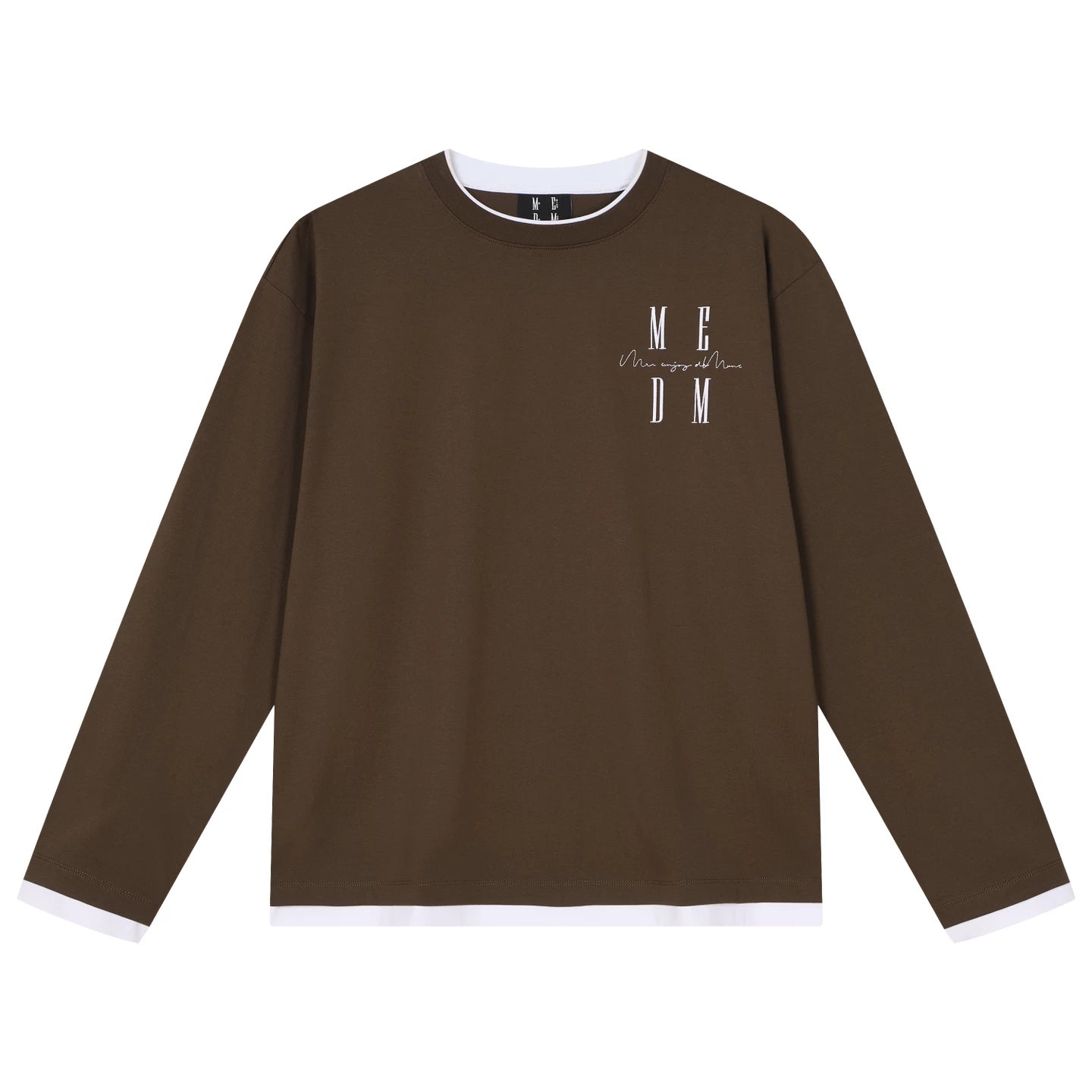 MEDM Simple and Versatile Fake Two Piece Round Neck Casual Long Sleeve T-shirt Embroidered Logo Loose and Slim Couple Top Autumn