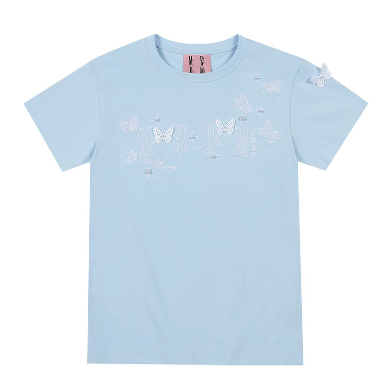 MEDM American style short sleeved T-shirt with lace butterfly design, unisex summer T-shirt, trendy brand style round neck short sleeved shirt