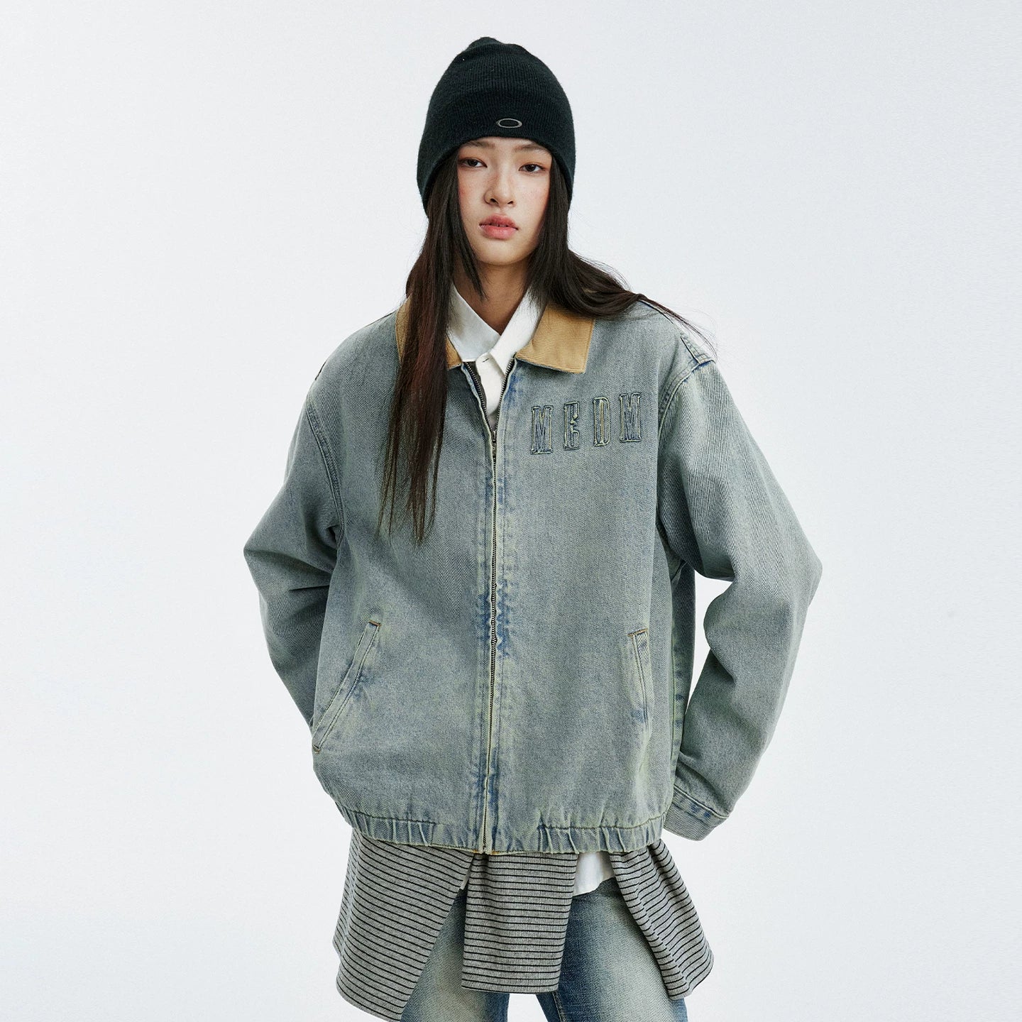 MEDM minimalist denim patchwork corduroy casual jacket for autumn and winter, washed and worn blue men's and women's collar jacket