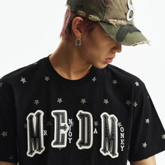 MEDM Sparkling Pink Little Star Full Print Double layer Leather Patch Embroidered Casual Round Neck Short Sleeve Washed Outdated Broken Hole T-shirt