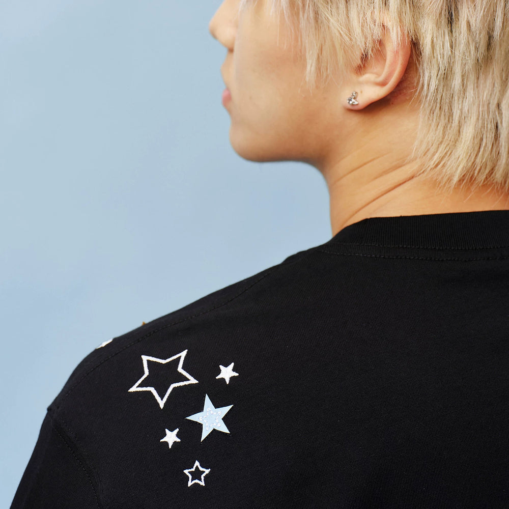 MEDM shoulder over star leopard print horsehair double-layer leather casual round neck short sleeved logo sticker versatile loose couple T-shirt